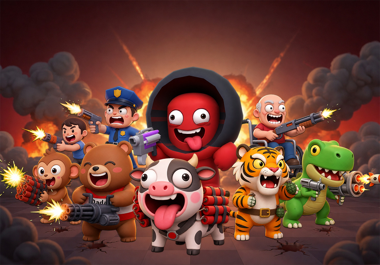 Representative Boomsday concept art: an adorable cast, heavily armed and screaming