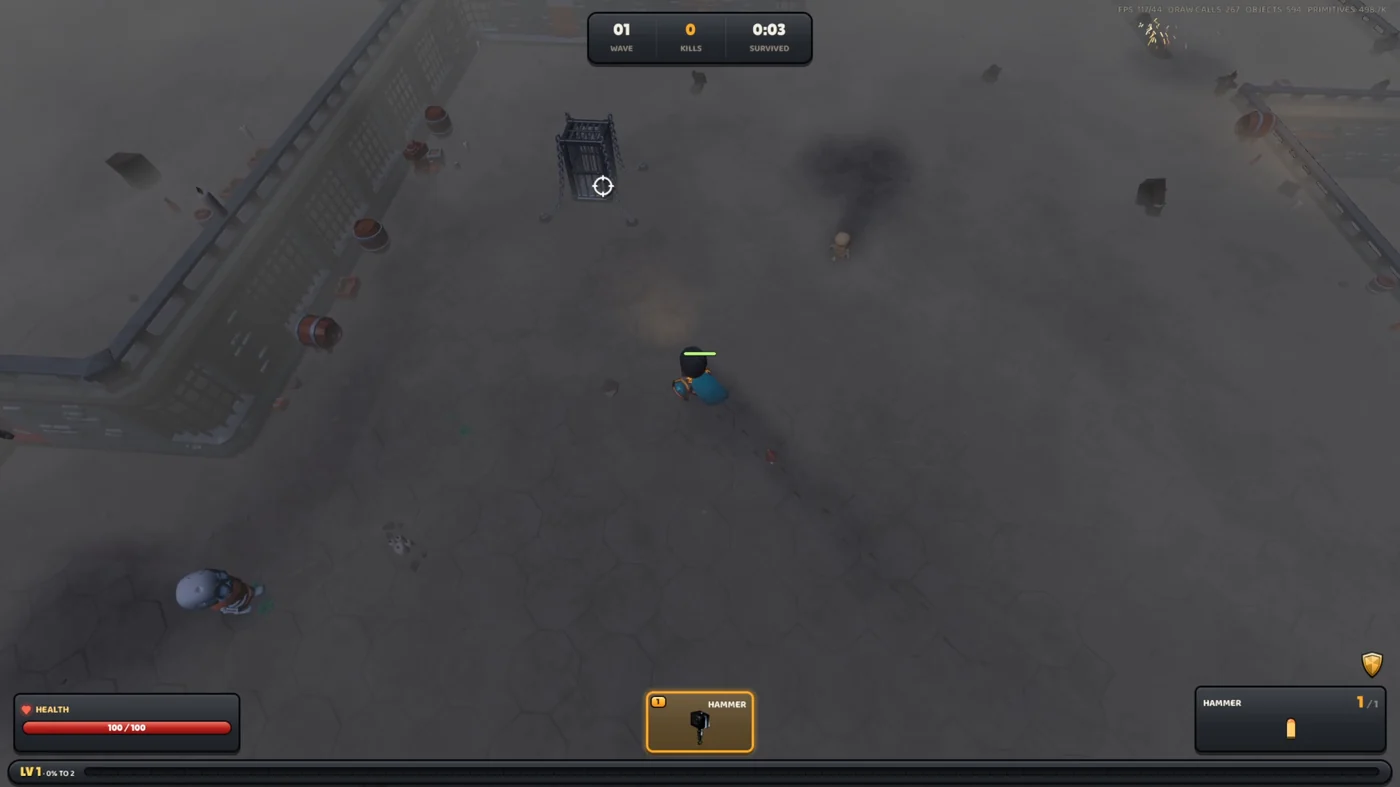 Wolf with only a hammer, three seconds into a foggy arena, a chained beast cage just ahead