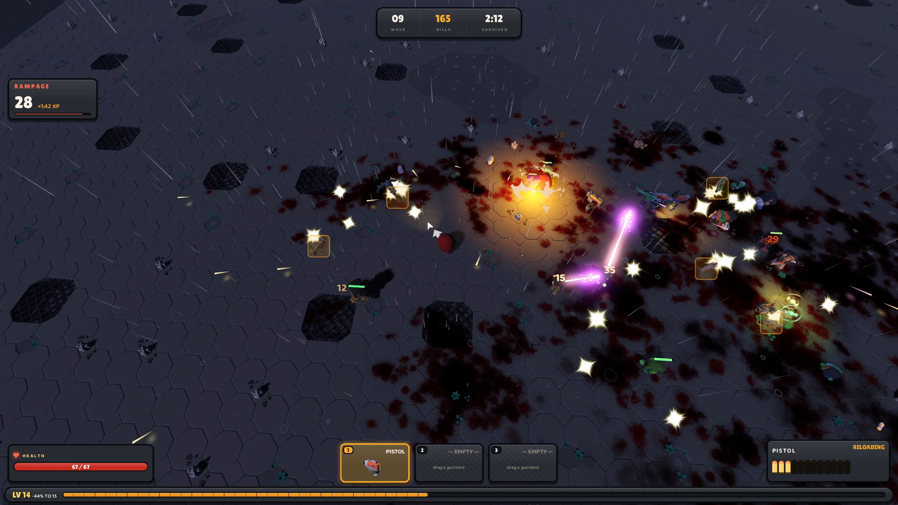 Current Boomsday interface during a rain-soaked wave with the health, combo, wave, weapon and ammunition HUD visible