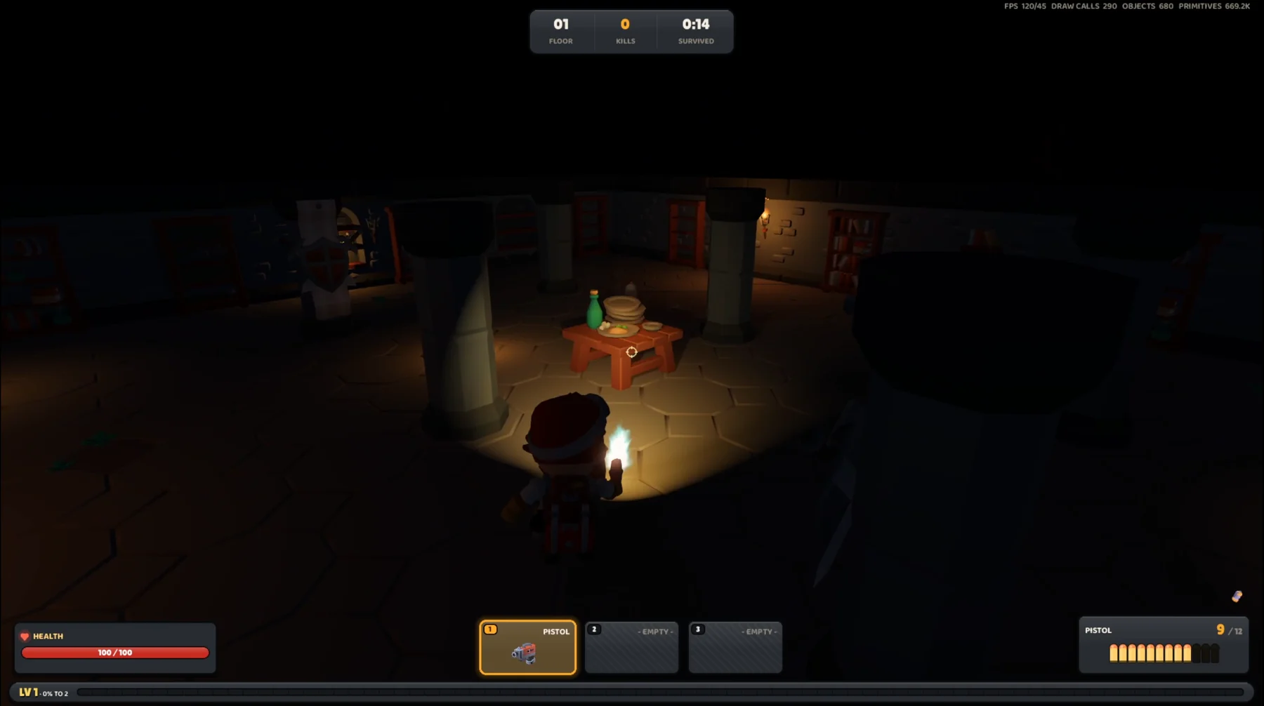 A warden with a pistol in a torch-lit dungeon library, seen from just behind the shoulder
